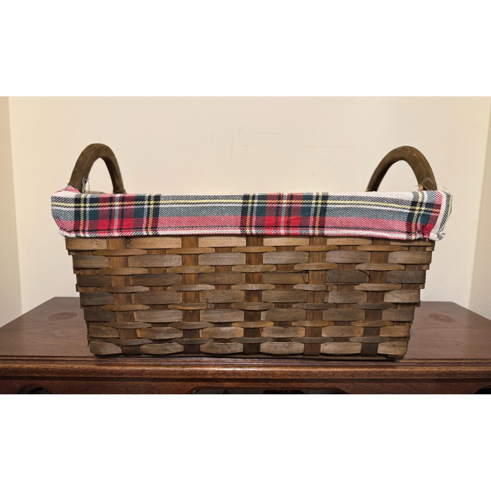 Ashland Christmas Flannel Plaid Lined Woven Basket Wooden Handles 17x11 Storage